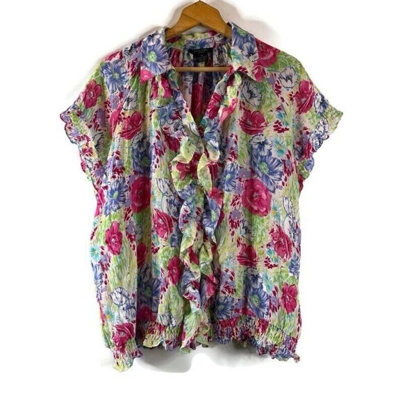 Sunny Taylor Tops - Sunny Taylor Womens Blouse Top Size 1X Multicolor Sheer Floral Button-Down